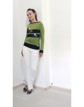 Iza Fabian, Pullover mit retro Muster, Kiwi grün, schwarz, Multicolor, Damen, Designer Mode.