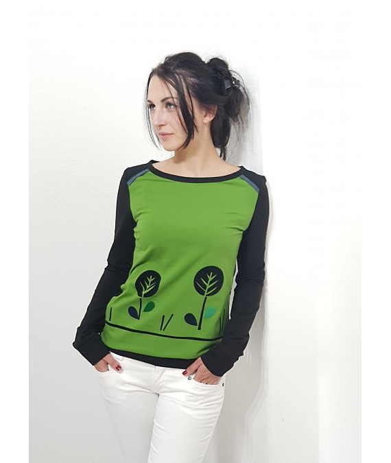 Iza Fabian, Damen Langarm Shirt mit Retro Blumen,grün, schwarz, pullover,