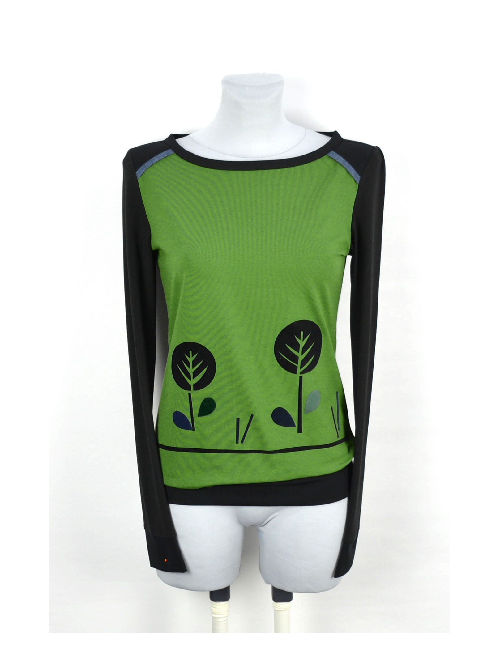 Iza Fabian, Damen Langarm Shirt mit Retro Blumen,grün, schwarz, pullover,