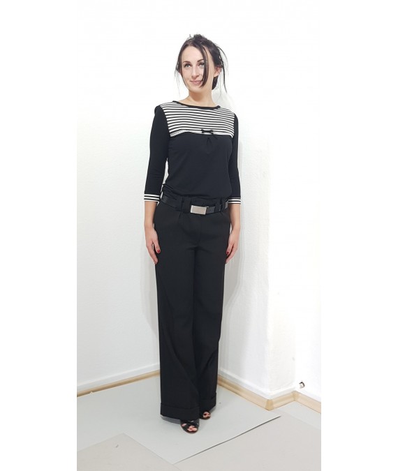Elegante Damen Bluse in Schwarz, Streifen, Schleife, Designer Mode.
