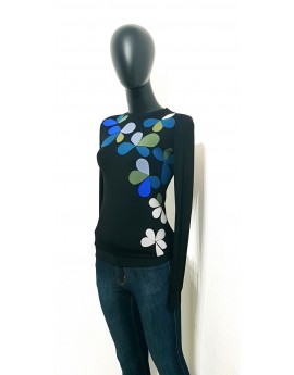 Iza Fabian, Designer Blumige Set in Retro Style, Pullover und Loop, Blaue Blüten.
