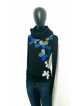 Iza Fabian, Designer Blumige Set in Retro Style, Pullover und Loop, Blaue Blüten.