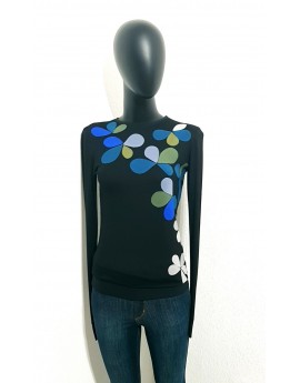 Iza Fabian, Designer Blumige Set in Retro Style, Pullover und Loop, Blaue Blüten.