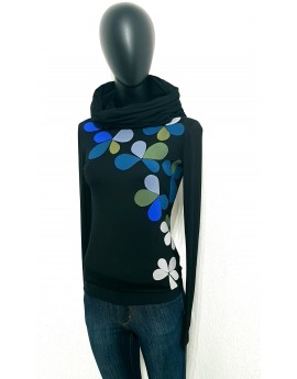 Iza Fabian, Designer Blumige Set in Retro Style, Pullover und Loop, Blaue Blüten.