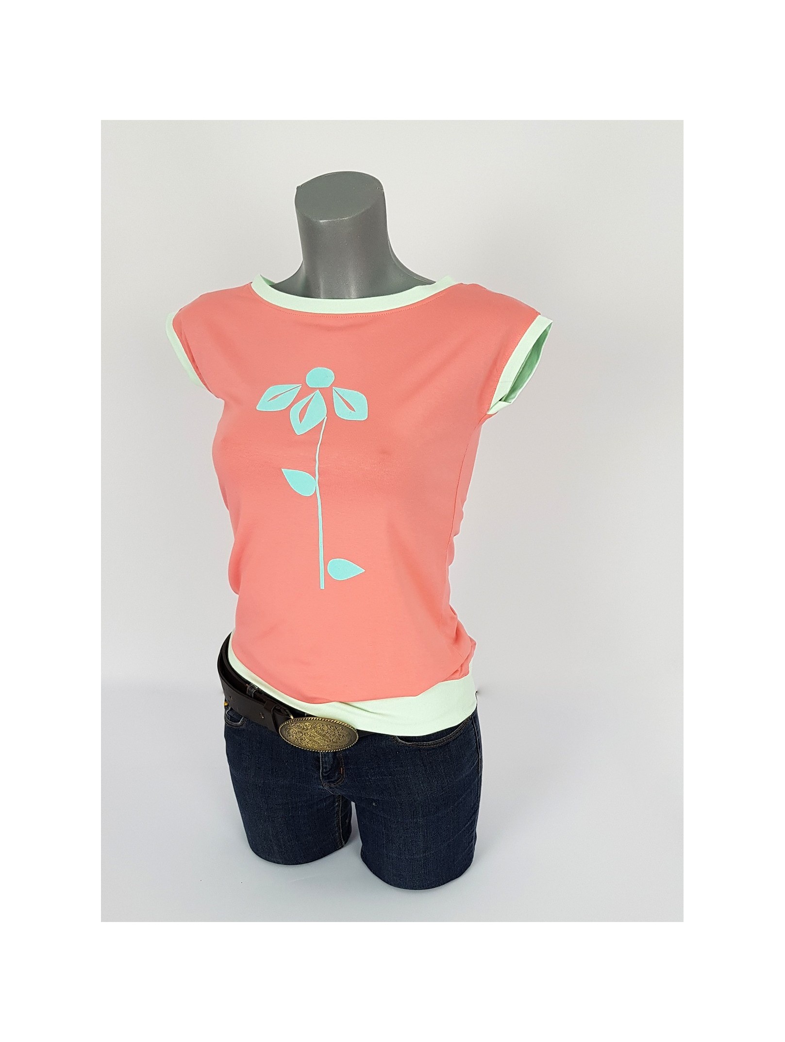 Damen T-Shirt Retro Blume Koral Rot Mint von Iza Fabian