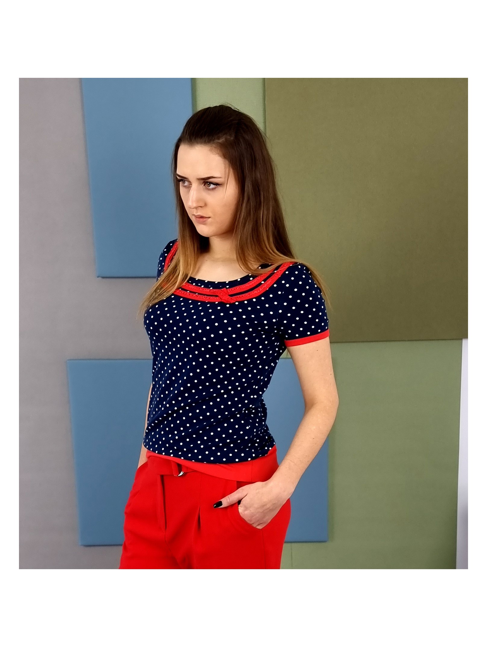 Iza Fabian Design Damen Mode Shirt Punkte Blau Rot