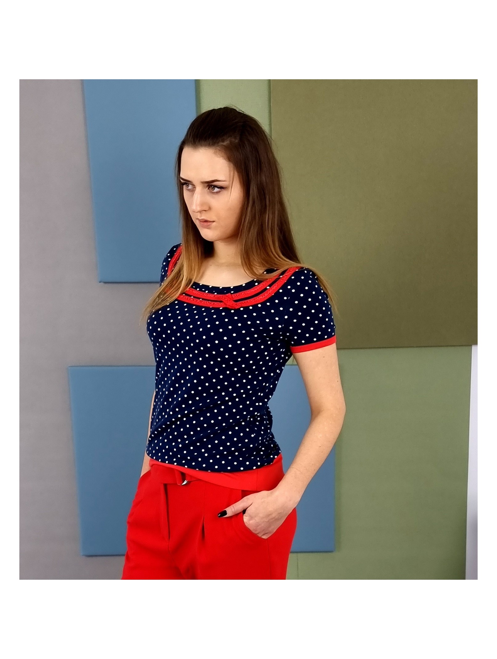 Iza Fabian Design Damen Mode Shirt Punkte Blau Rot Iza Fabian Design Damen Mode Shirt Punkte Blau Rot