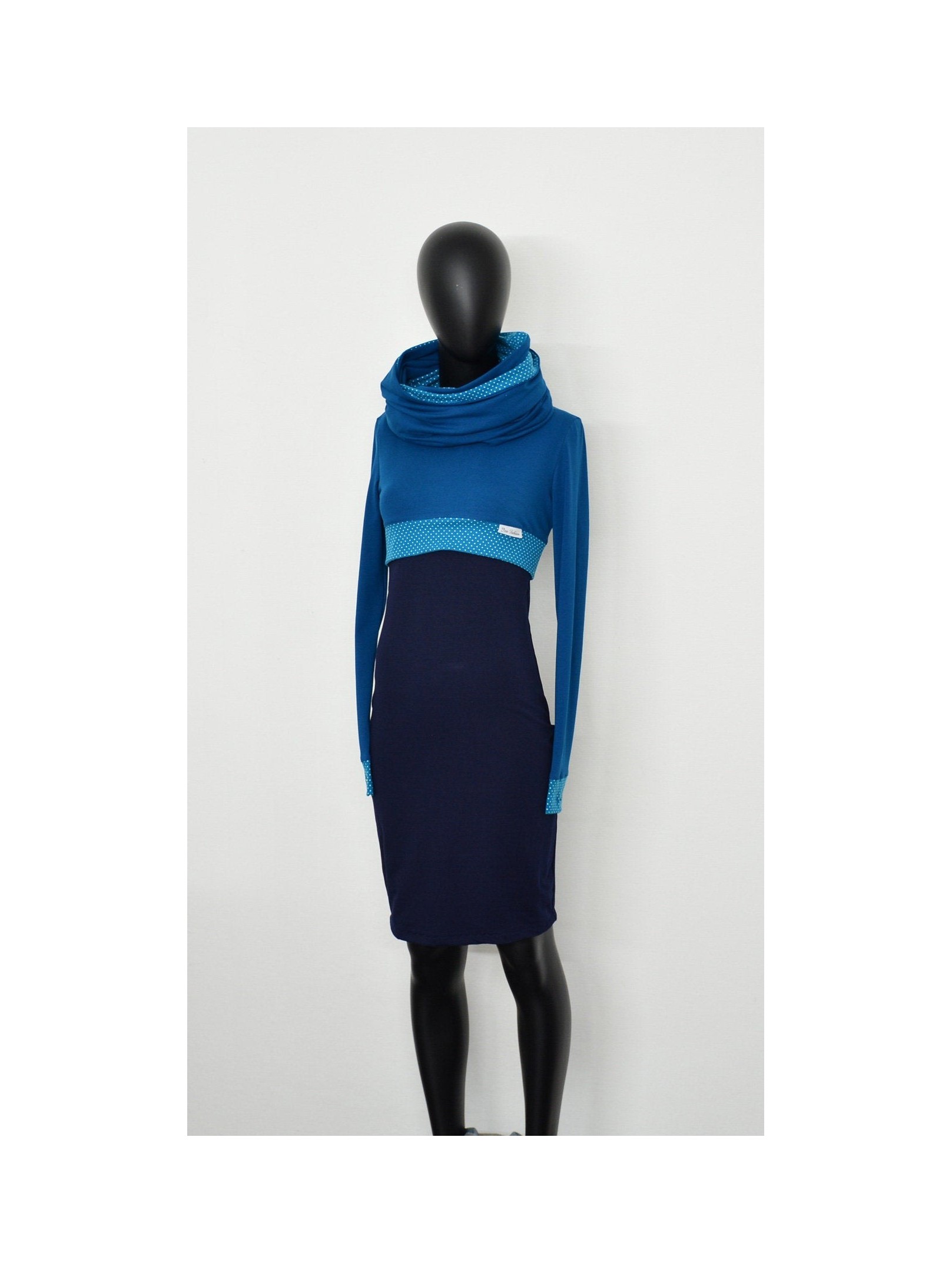 SET KLEID LOOP Sweat ASA12 blau blue navy dress damen women mode designer punkte points dots petrol