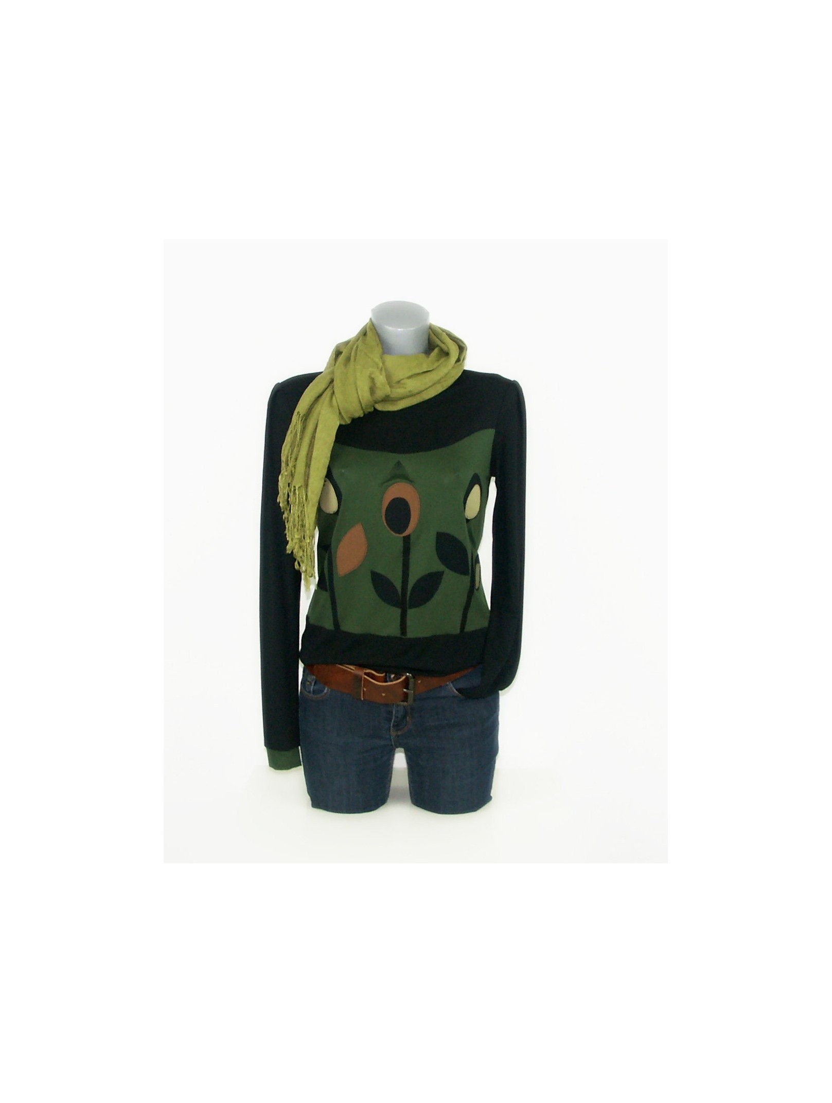Longsleeve , shirt, pullover, sweater, Iza Fabian, RETRO FLOWER 1 , grün, schwarz, blumen, retro, olive,