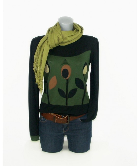 Longsleeve , shirt, pullover, sweater, Iza Fabian, RETRO FLOWER 1 , grün, schwarz, blumen, retro, olive,