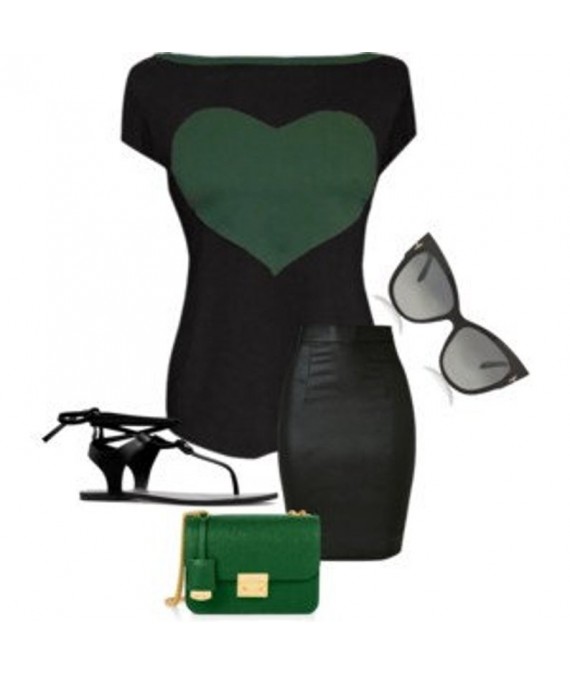 Iza Fabian , Damen Shirt, BLACK TWO, schwarz grün herz Damen Appli