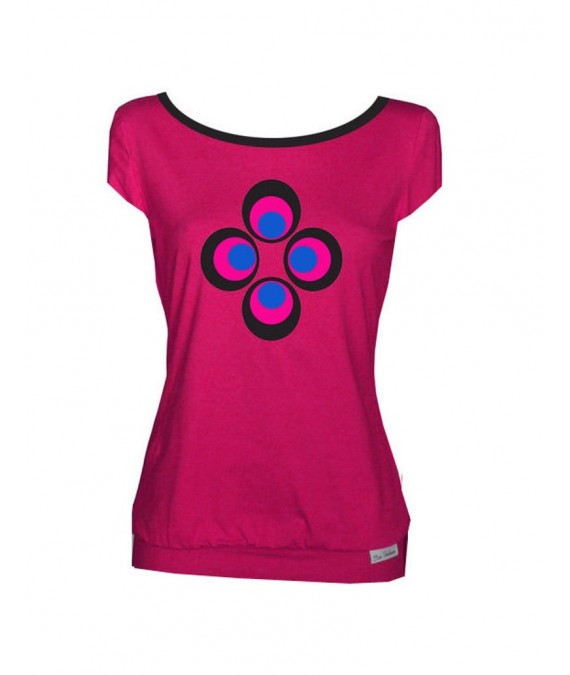 Iza Fabian, T-Shirt, red blue 5 , pink viskose flower retro blume fuchsia damen women ladies kurzarm