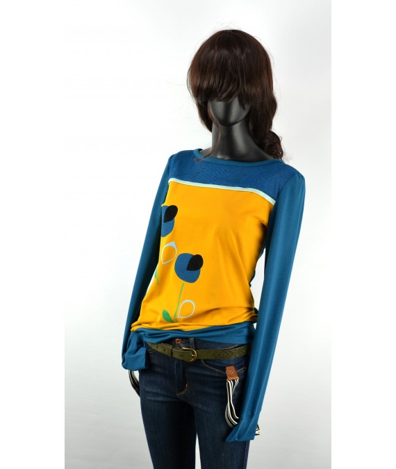 Iza Fabian , Damen Pullover in Petrol und Senf Gelb, Retro Applikation, Blumen.